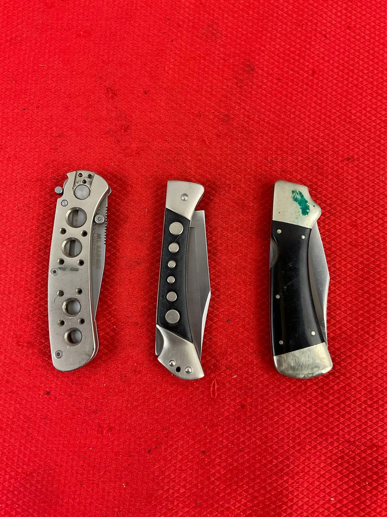 3 pcs Steel Folding Blade Pocket Knife w/ Sheath Assortment. 1x Parker, 1x CRKT, 1x Ruko. See pics.