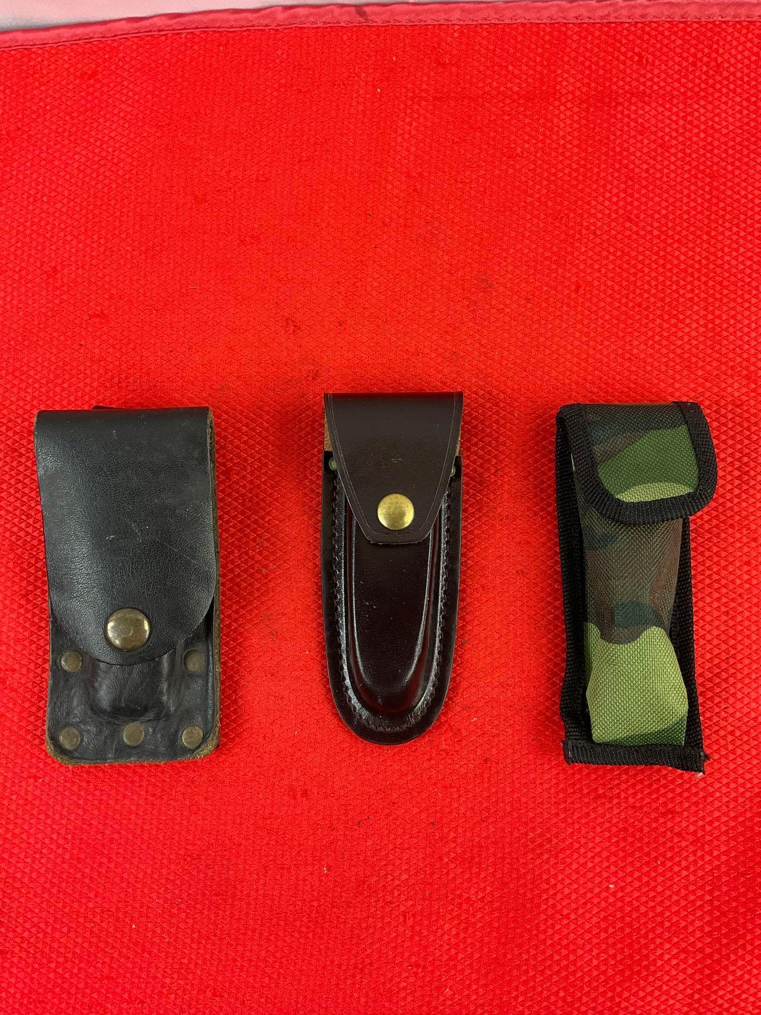 3 pcs Steel Folding Blade Pocket Knife w/ Sheath Assortment. 1x Parker, 1x CRKT, 1x Ruko. See pics.