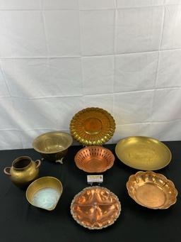 8 pcs Vintage Brass & Copper Vessel Assortment. 1940s Marcelo Urn. R. Martinez Appetizer Plate. See