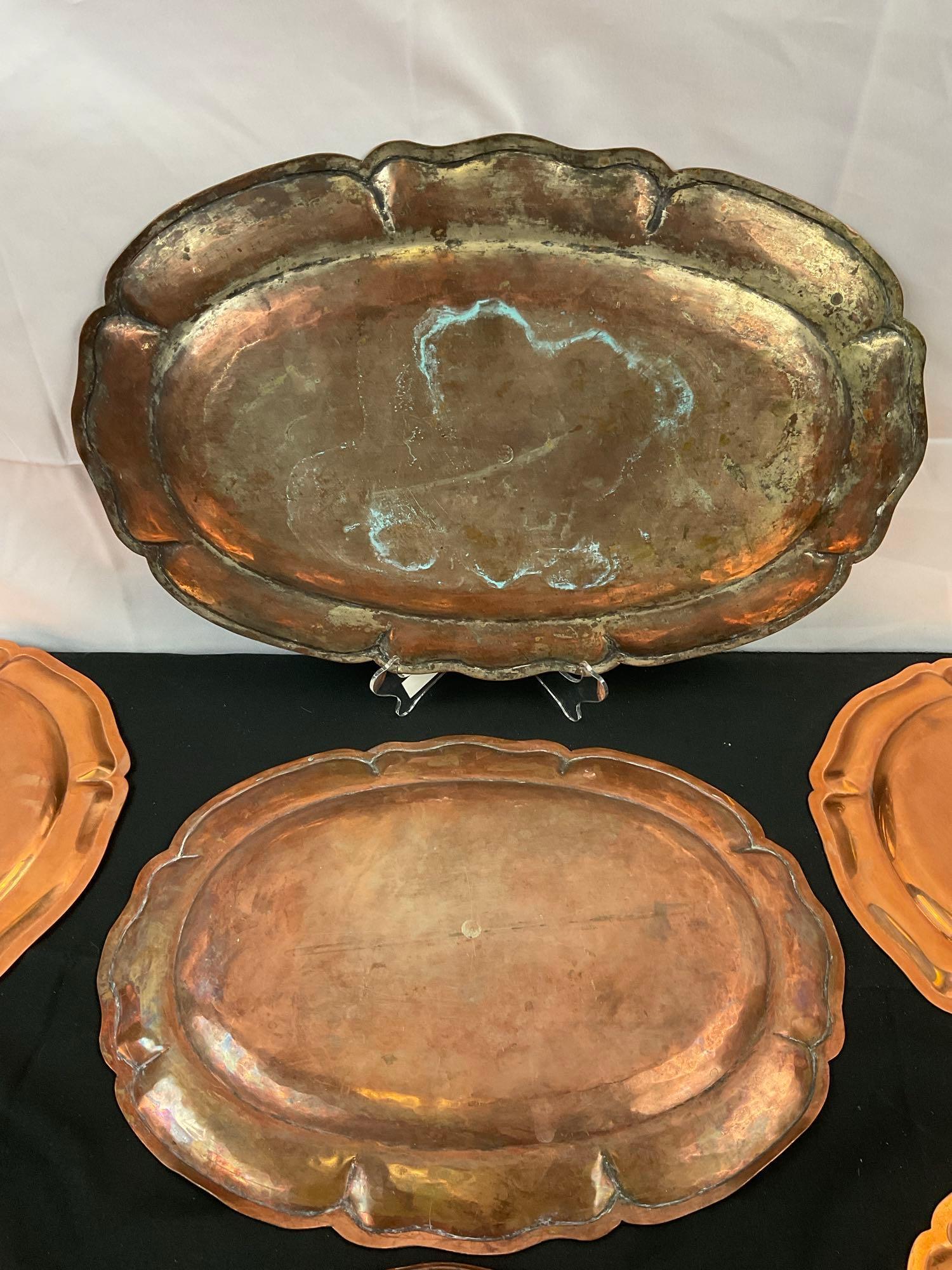 8 pcs Vintage Copper Serving Trays. 1x German "MERKUR" Kaffe-Spezial-Geschaft. See pics.