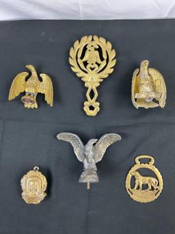 6 pcs Vintage Brass Decorative Assortment. Eagle Flag Toppers, Maid of Kent Door Knocker. See pics.