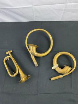 3 pcs Vintage Brass Horns, 1 Stamped Crown Special Made in Pakistan. See pics.