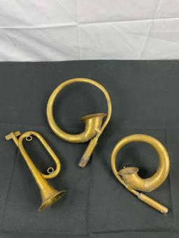 3 pcs Vintage Brass Horns, 1 Stamped Crown Special Made in Pakistan. See pics.