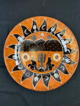 2 pcs Painted Terra Cotta Decorative Plates. South West Design w/ Desert Scene, Coyote & Lizards.