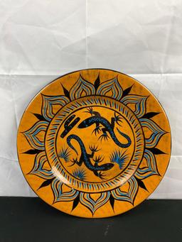 2 pcs Painted Terra Cotta Decorative Plates. South West Design w/ Desert Scene, Coyote & Lizards.