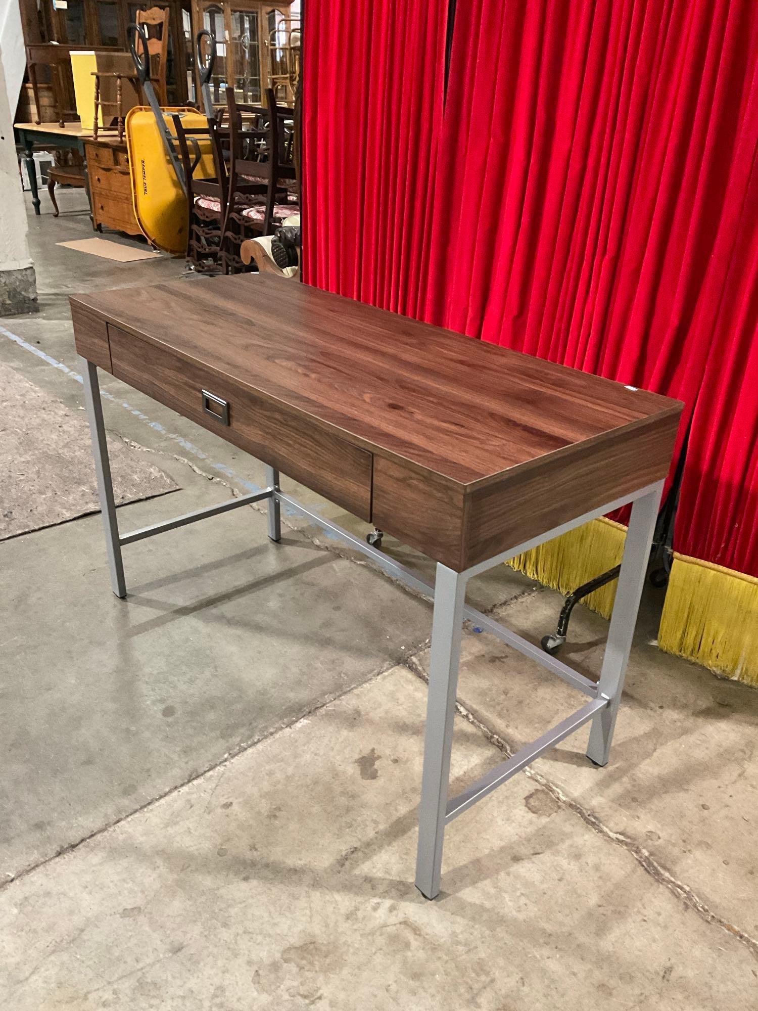 Modern Wood & Steel Side Table w/ Drawer. Measures 47" x 31" See pics.