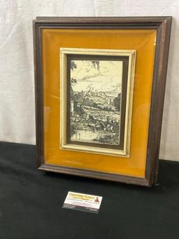 Framed Etched Italian Tile, Lovely Village Scene