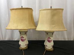 Pair of Vase Lamps, White w/ Red Transferware patterns