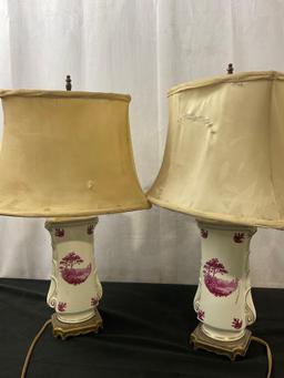 Pair of Vase Lamps, White w/ Red Transferware patterns
