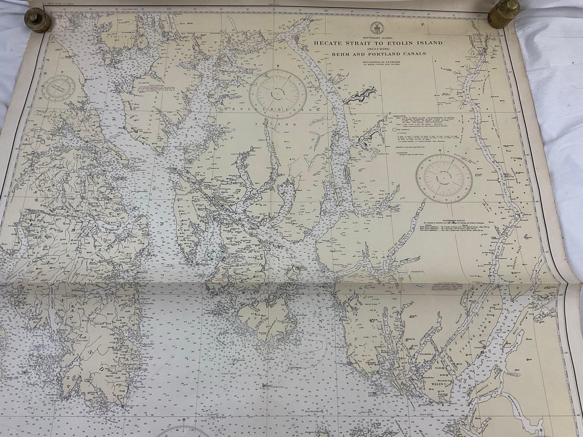 Vintage 1944 US DOC Survey Map Hecate Strait to Etolin Island incl. Behm & Portland Canals