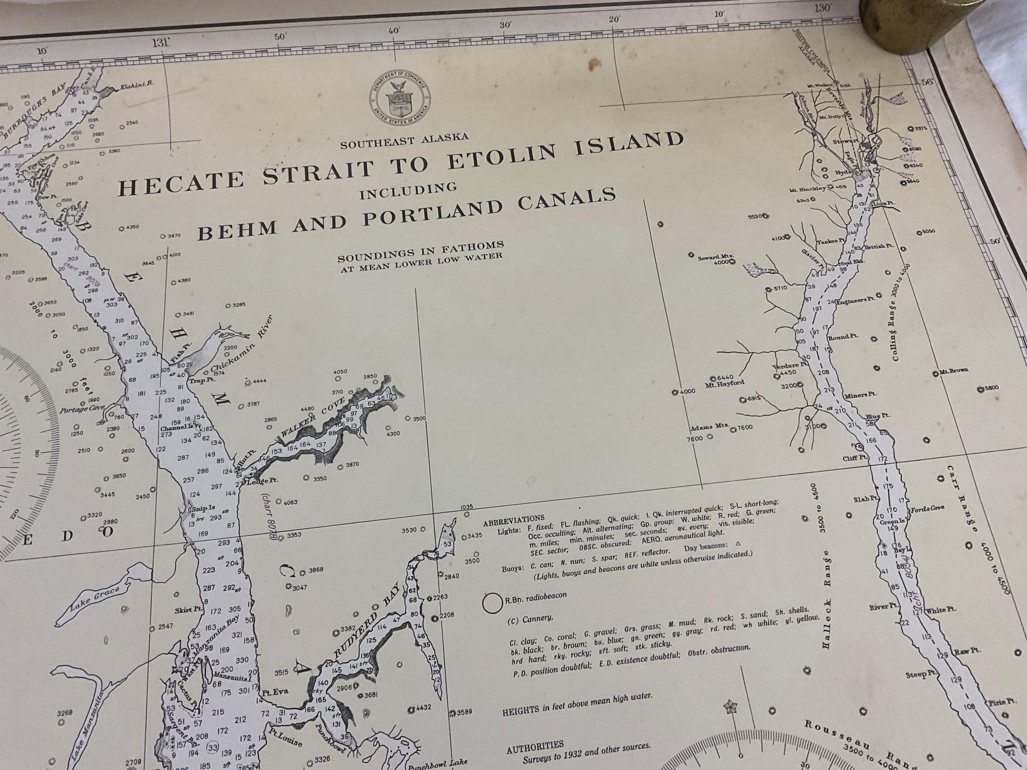 Vintage 1944 US DOC Survey Map Hecate Strait to Etolin Island incl. Behm & Portland Canals