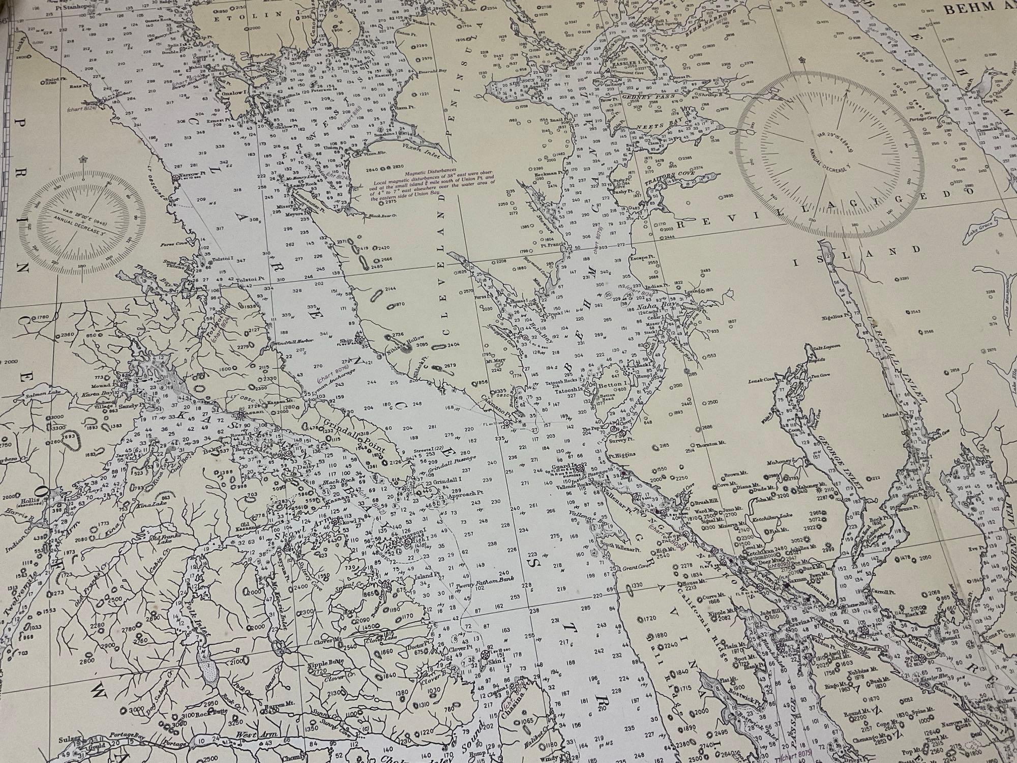 Vintage 1944 US DOC Survey Map Hecate Strait to Etolin Island incl. Behm & Portland Canals