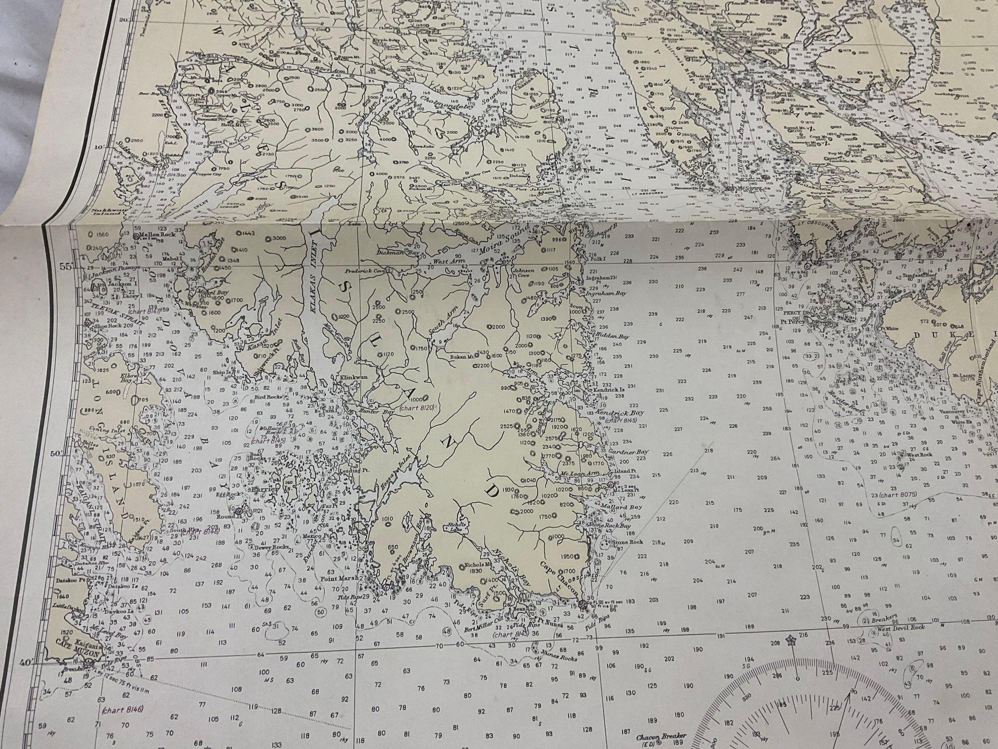 Vintage 1944 US DOC Survey Map Hecate Strait to Etolin Island incl. Behm & Portland Canals