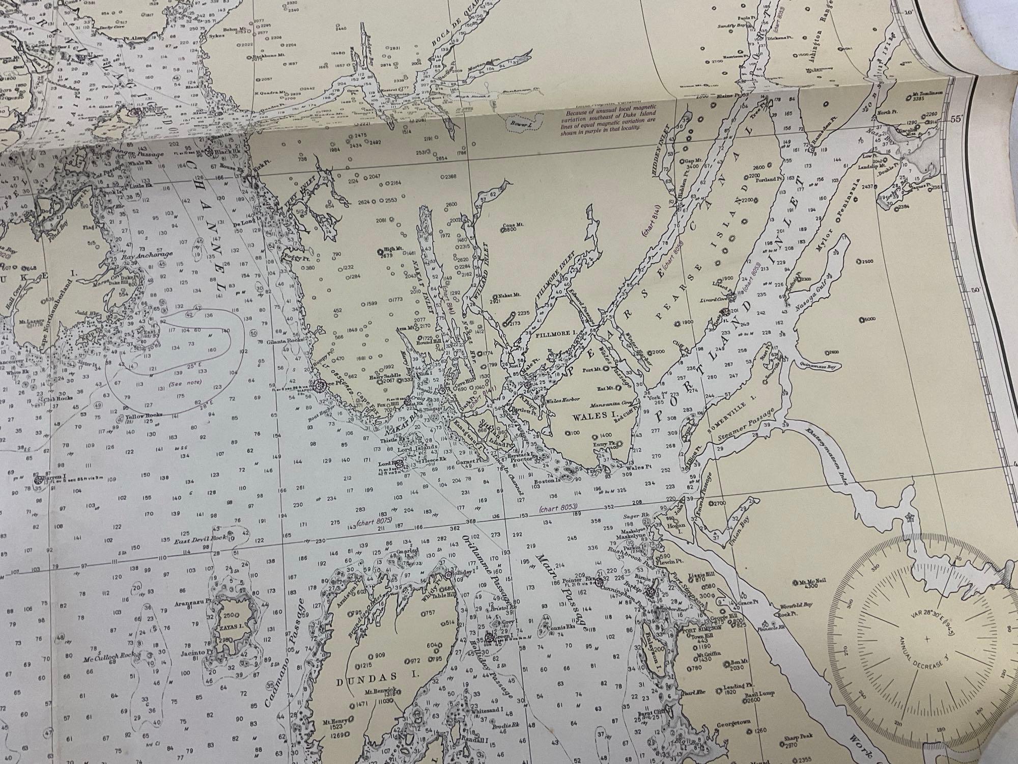 Vintage 1944 US DOC Survey Map Hecate Strait to Etolin Island incl. Behm & Portland Canals