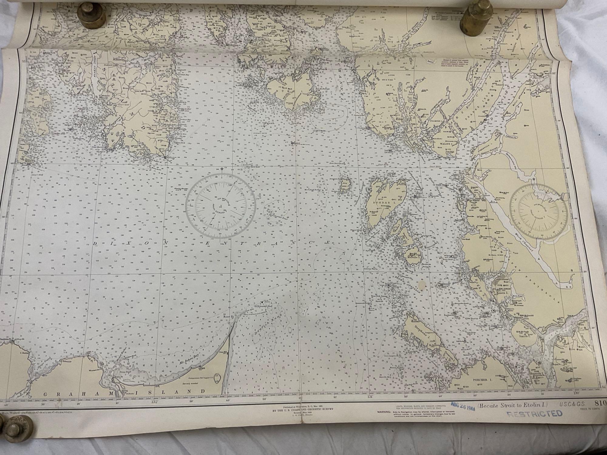 Vintage 1944 US DOC Survey Map Hecate Strait to Etolin Island incl. Behm & Portland Canals