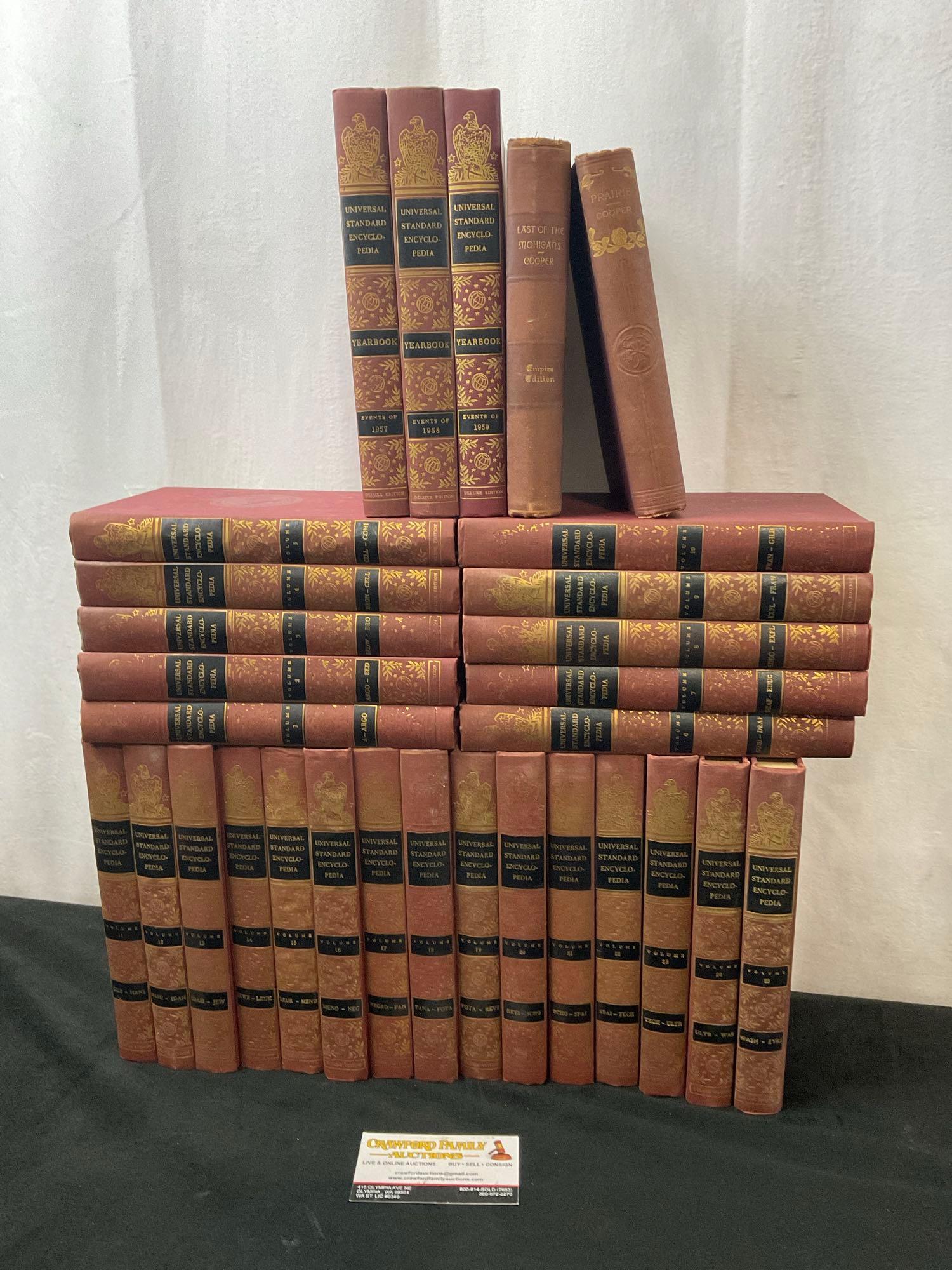 Vintage 1957 Universal Standard Encyclopedia vols 1-25, Last of the Mohicans & The Prairie by Coo...