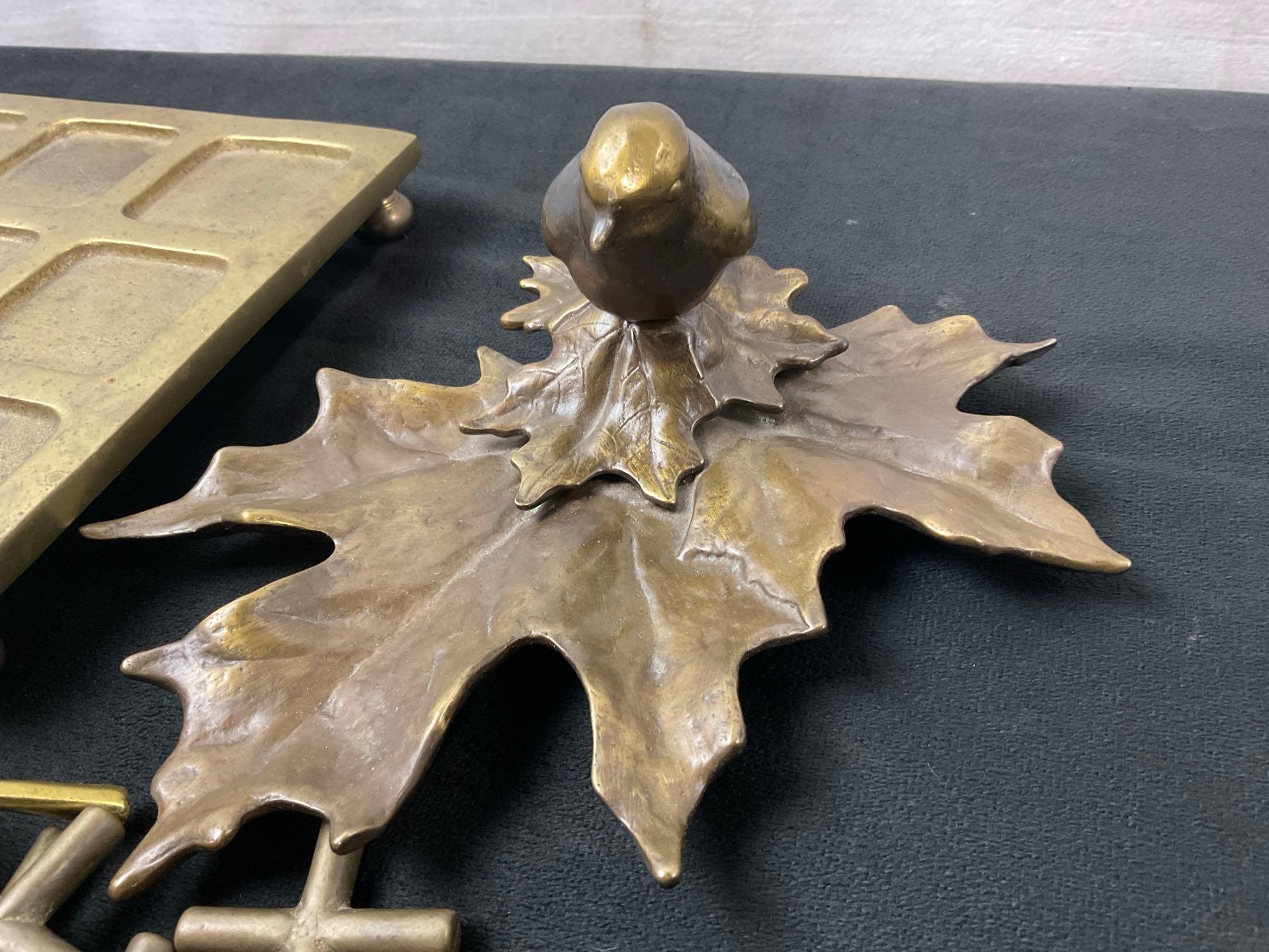 Brass Tic Toc Toe Board, Tobacco Leaf Ashtray, Vintage Nelles 1984 Bronze Leaf Statue