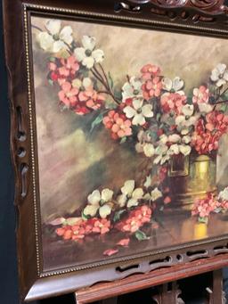 1930's Print of Flowers & Statue Under Glass, in Wooden Frame