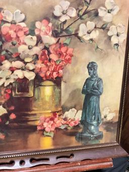 1930's Print of Flowers & Statue Under Glass, in Wooden Frame