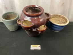 Group of 3 Ceramic and stoneware Planters, Red-Brown Strawberry Jar, Blue & Green Pots