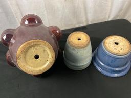 Group of 3 Ceramic and stoneware Planters, Red-Brown Strawberry Jar, Blue & Green Pots