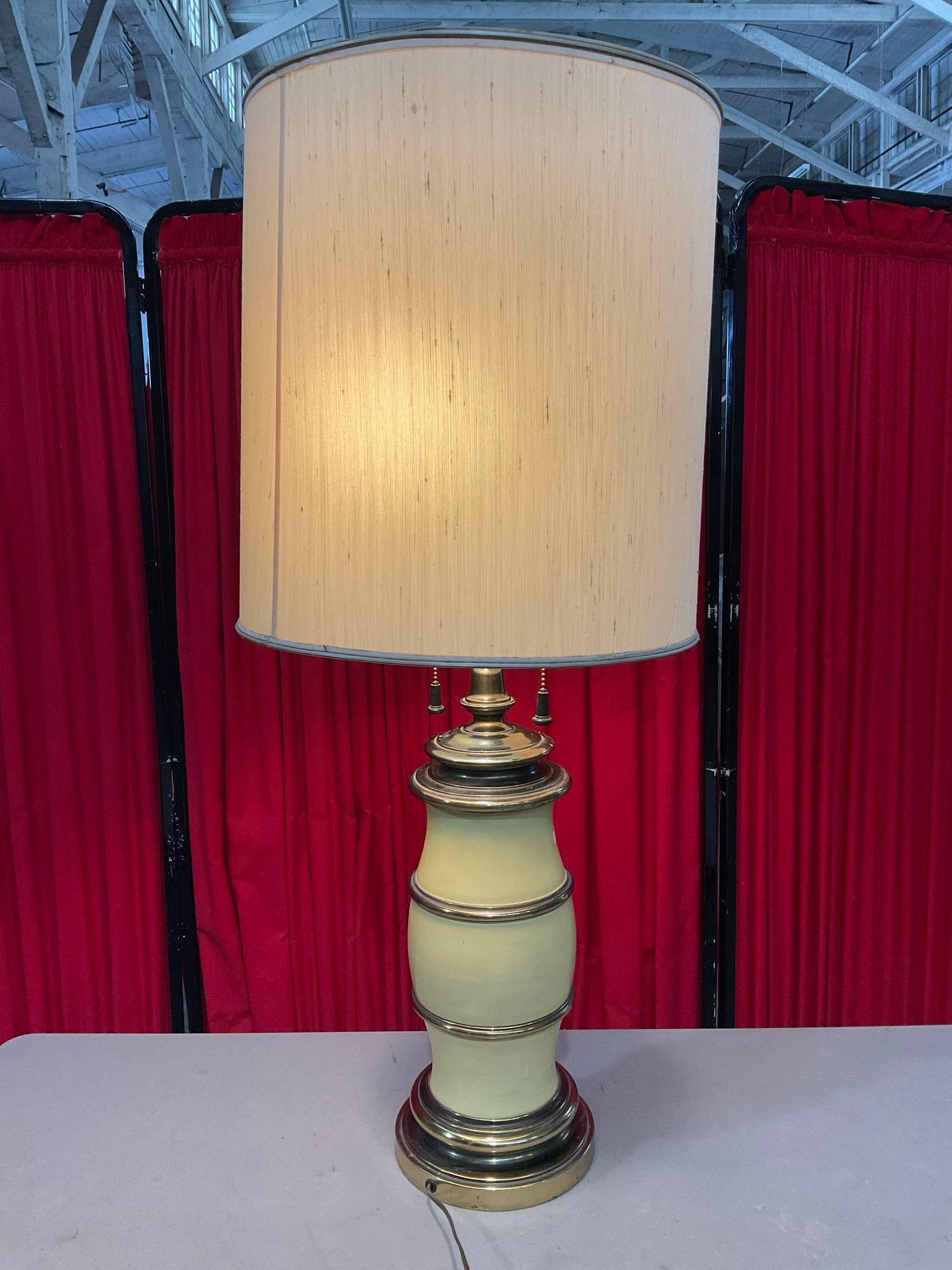 Vintage Painted Brass Table Lamp w/ Cream Cloth Shade. Tested, Works. See pics.