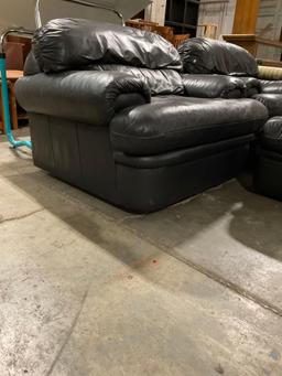 3 pcs Modern Charles Harland Black Leather Furniture. 2 Armchairs & 1 Ottoman w/ Wheels. See pics.