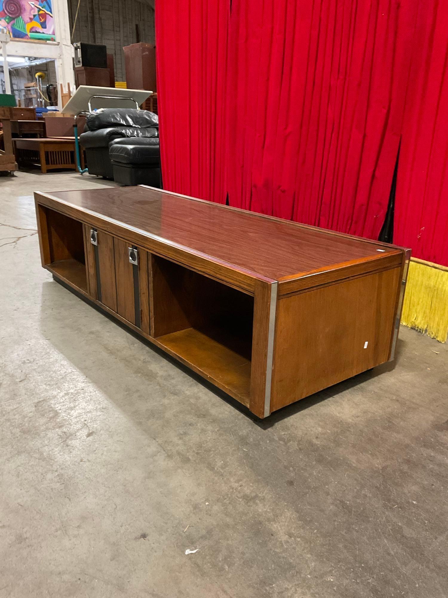 Vintage Mid-Century Modern Wooden Console w/ Inlaid Mirror Details, Cupboard & 2 Shelves. See pics.