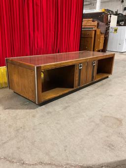 Vintage Mid-Century Modern Wooden Console w/ Inlaid Mirror Details, Cupboard & 2 Shelves. See pics.