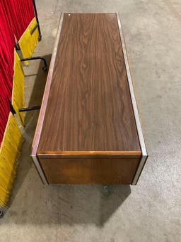 Vintage Mid-Century Modern Wooden Console w/ Inlaid Mirror Details, Cupboard & 2 Shelves. See pics.