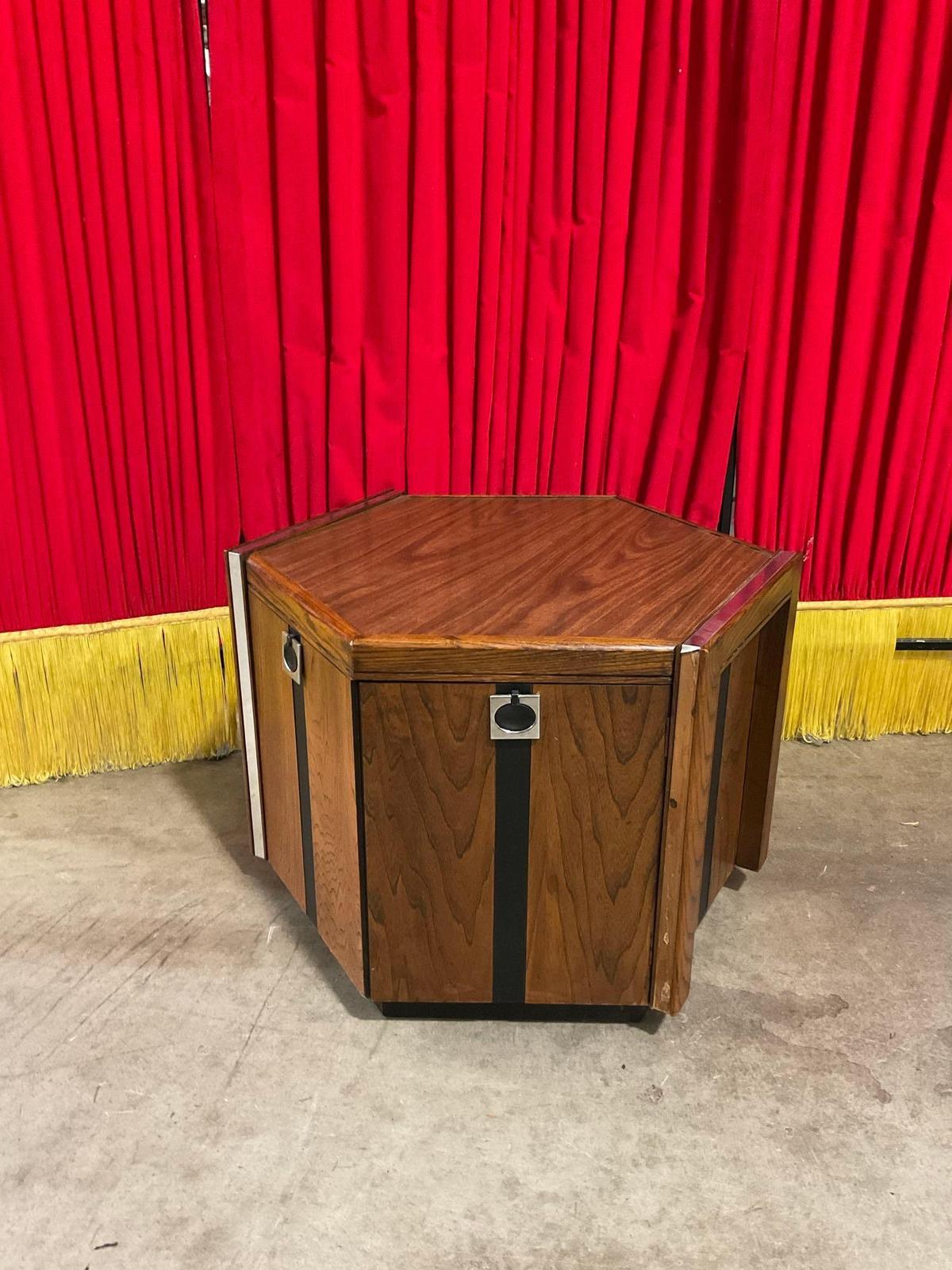 Vintage Mid-Century Modern Hexagonal Wooden Side Table w/ Mirror Inlay & Cupboard. See pics.