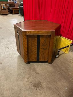 Vintage Mid-Century Modern Hexagonal Wooden Side Table w/ Mirror Inlay & Cupboard. See pics.