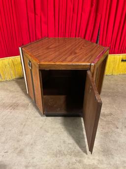 Vintage Mid-Century Modern Hexagonal Wooden Side Table w/ Mirror Inlay & Cupboard. See pics.