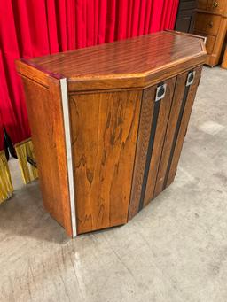 Vintage Mid-Century Modern Trapezoidal Wooden Cabinet w/ Mirror Inlay & Cupboard. See pics.