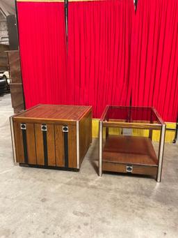 2 pcs Vintage Mid-Century Modern Wooden End Tables w/ Mirror Inlay & Metal Decoration. See pics.