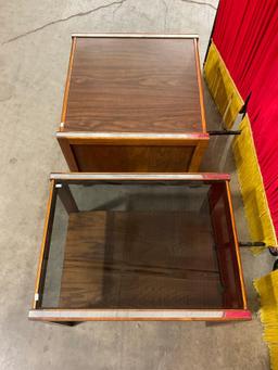 2 pcs Vintage Mid-Century Modern Wooden End Tables w/ Mirror Inlay & Metal Decoration. See pics.