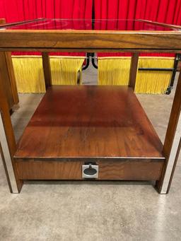 2 pcs Vintage Mid-Century Modern Wooden End Tables w/ Mirror Inlay & Metal Decoration. See pics.