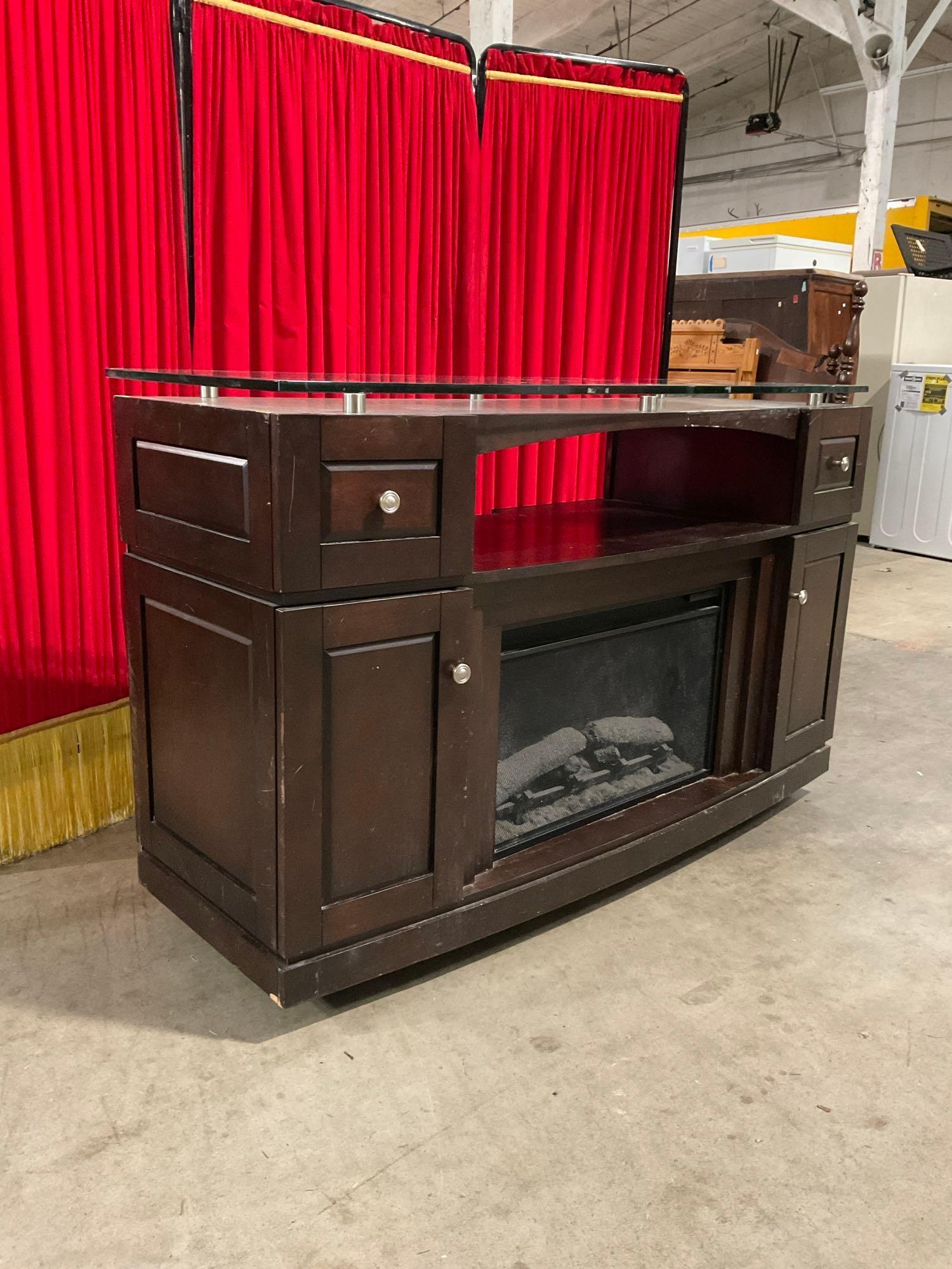 Modern Glass Topped Wooden Console Table w/ TwinStar Electric Fireplace. Tested, Working. See pics.