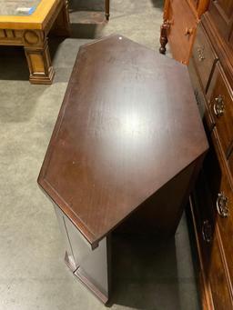 Contemporary Hexagonal Wooden Entertainment Stand w/ Glass Fronted Cupboard. See pics.