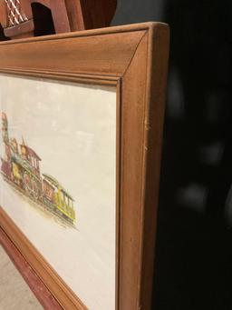 Vintage Framed Print of a Brightly Colored Locomotive by Ron Wicke. See pics.