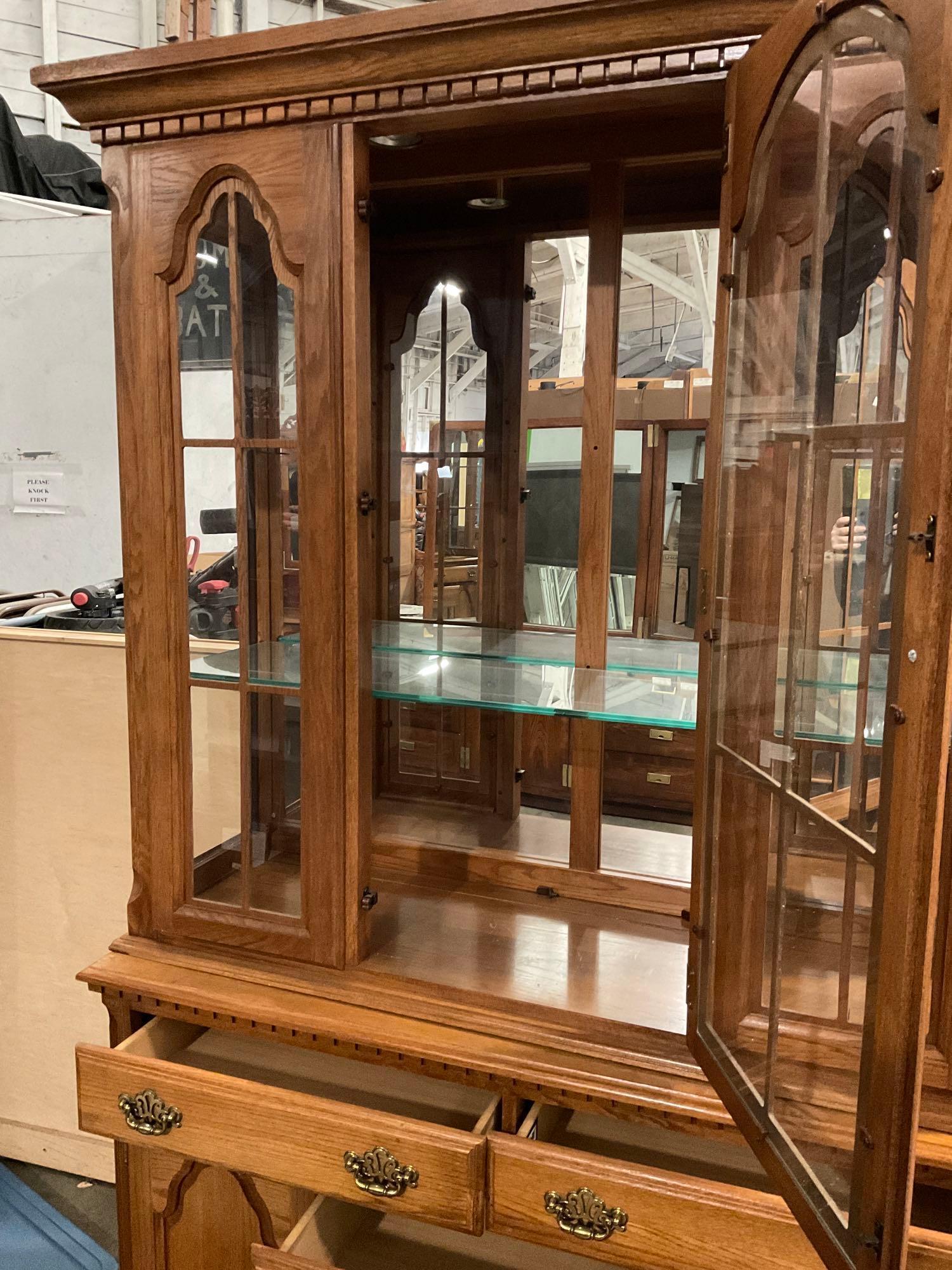 Vintage 2 Piece Oak Broyhill Curio Cabinet Hutch w/ 6 Drawers and 2 Cupboards. See pics.