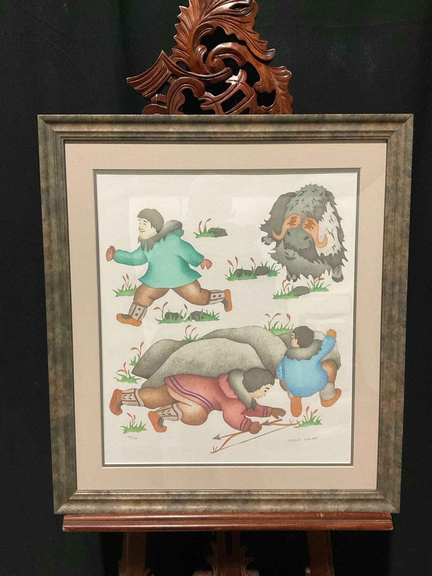Framed Lithograph "Running Away From Musk-Ox" by Mabel Nigiyok. Ltd Ed 336/395, Signed. See pics.