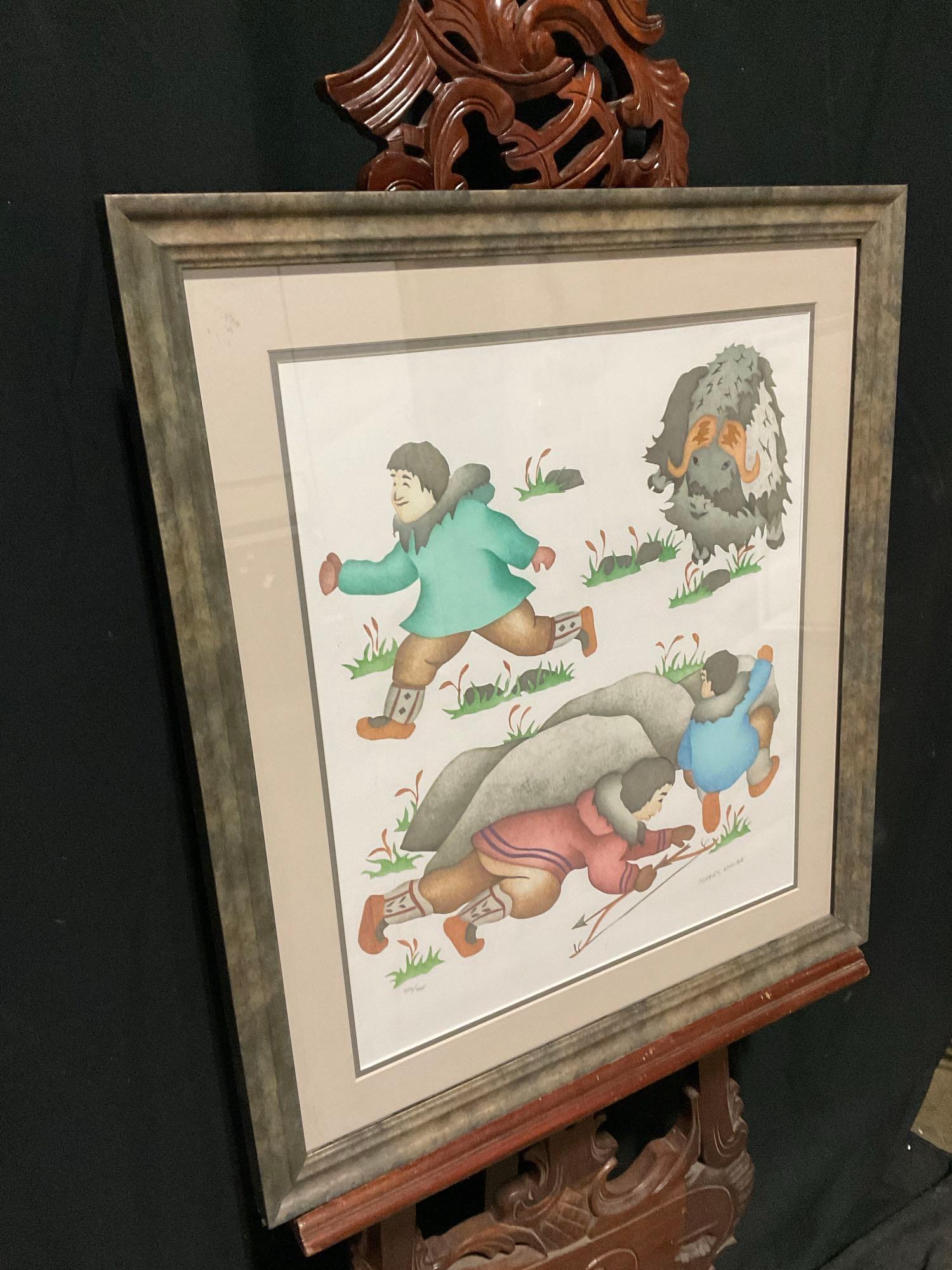 Framed Lithograph "Running Away From Musk-Ox" by Mabel Nigiyok. Ltd Ed 336/395, Signed. See pics.