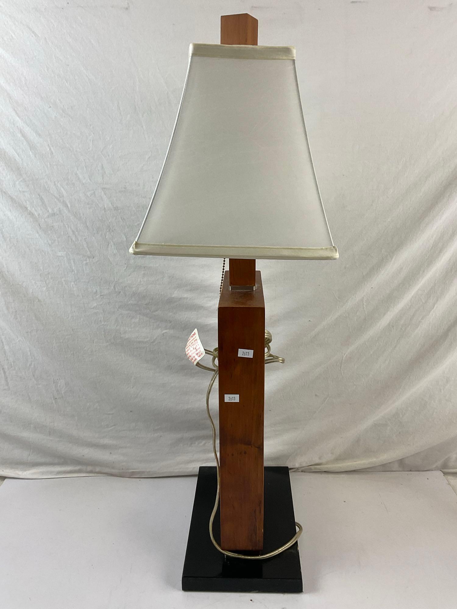 Modern Wooden Geometric Table Lamp w/ Cream Cloth Shade. Tested, Working. See pics.