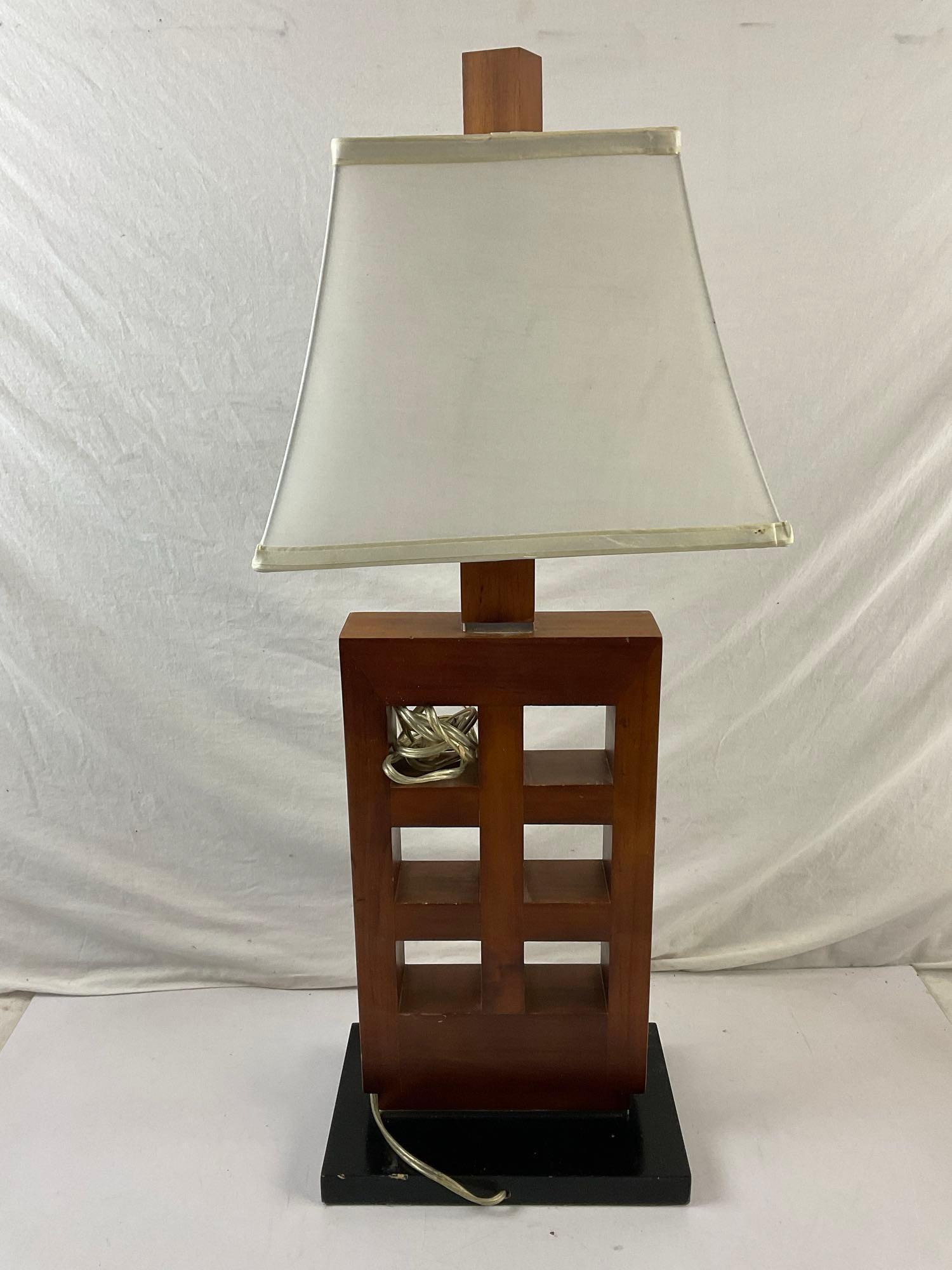 Modern Wooden Geometric Table Lamp w/ Cream Cloth Shade. Tested, Working. See pics.