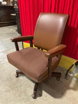 Vintage High End Wheeled Adjustable Wooden Office Chair w/ Brown Vinyl & Fabric Seat. See pics.