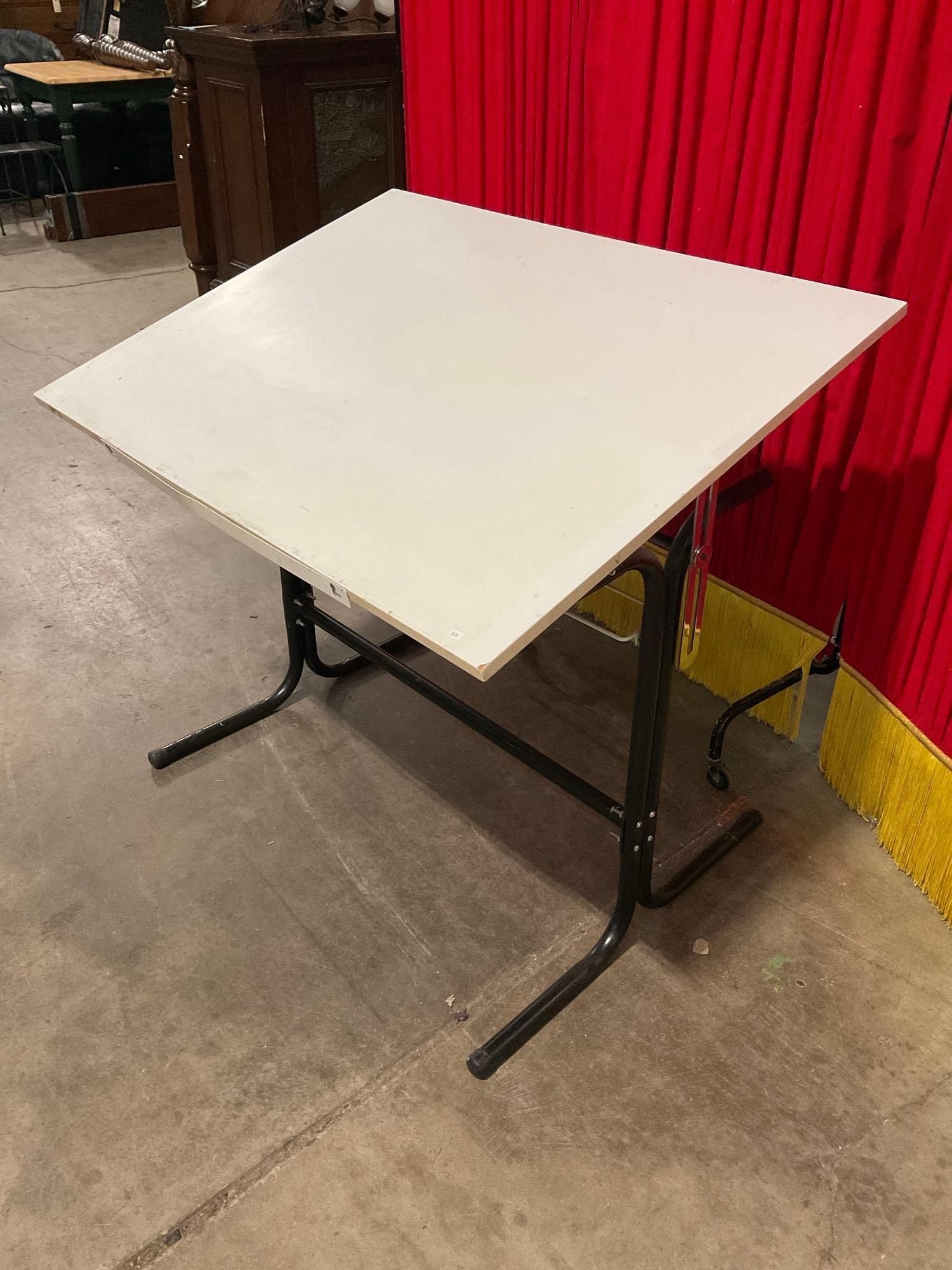 Modern Metal & Wood Drafting Table w/ Adjustable Drawing Surface & Storage Rack. See pics.