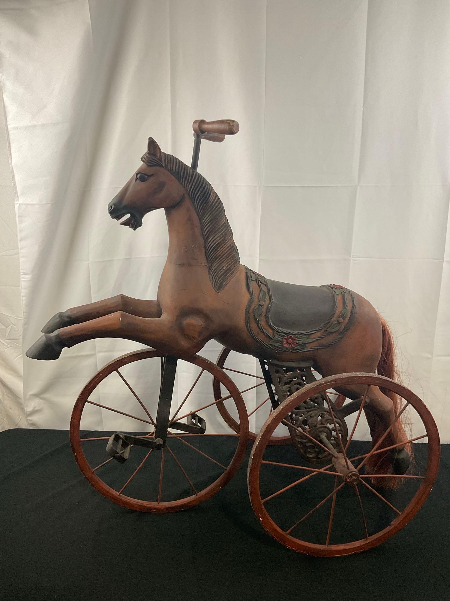 Antique Handpainted Wood & Cast Iron Riding Horse Childrens Tricycle