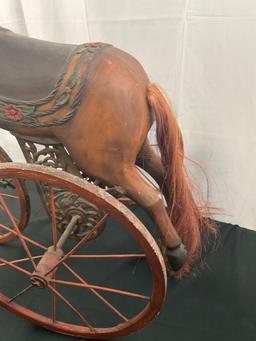 Antique Handpainted Wood & Cast Iron Riding Horse Childrens Tricycle