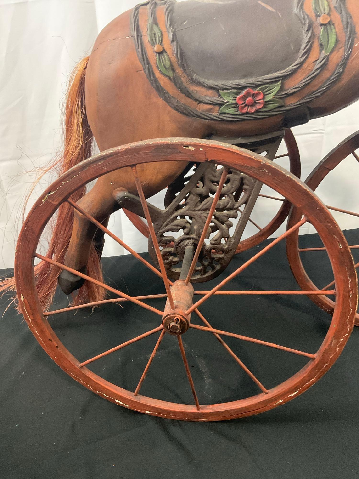 Antique Handpainted Wood & Cast Iron Riding Horse Childrens Tricycle